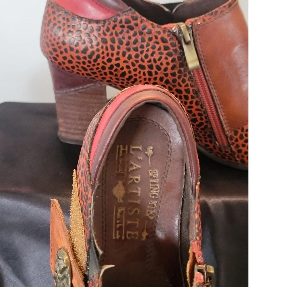 Spring Step L'Artiste Womens 38 Leather Animal Print Patchwork Ankle Boots Brown